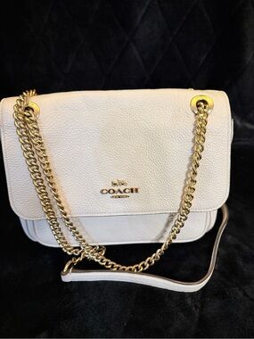 Coach Cream Pebbled Leather Shoulder Bag with Gold Chain